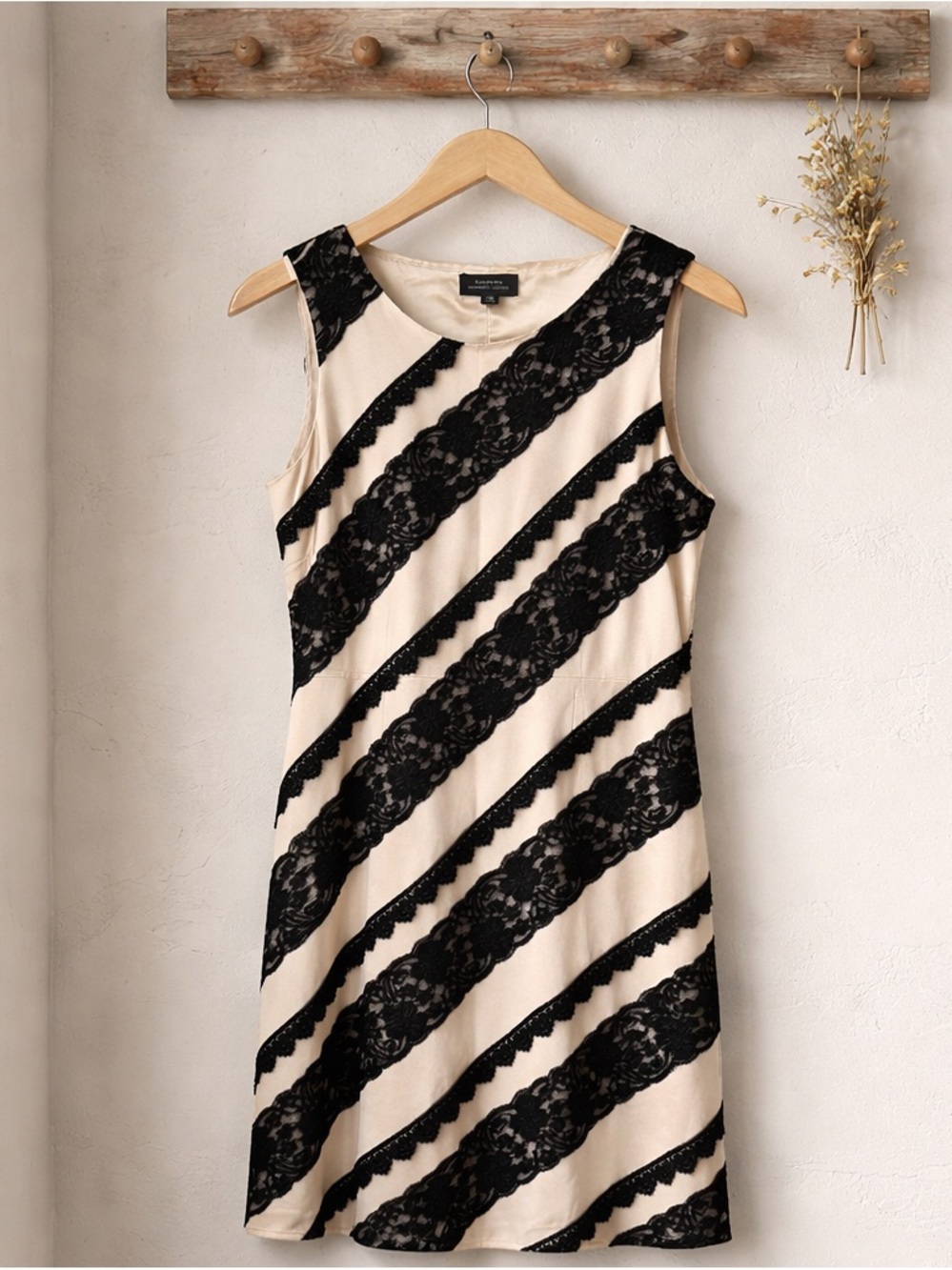 Alfani Beige and Black Lace-Striped Sleeveless Dress